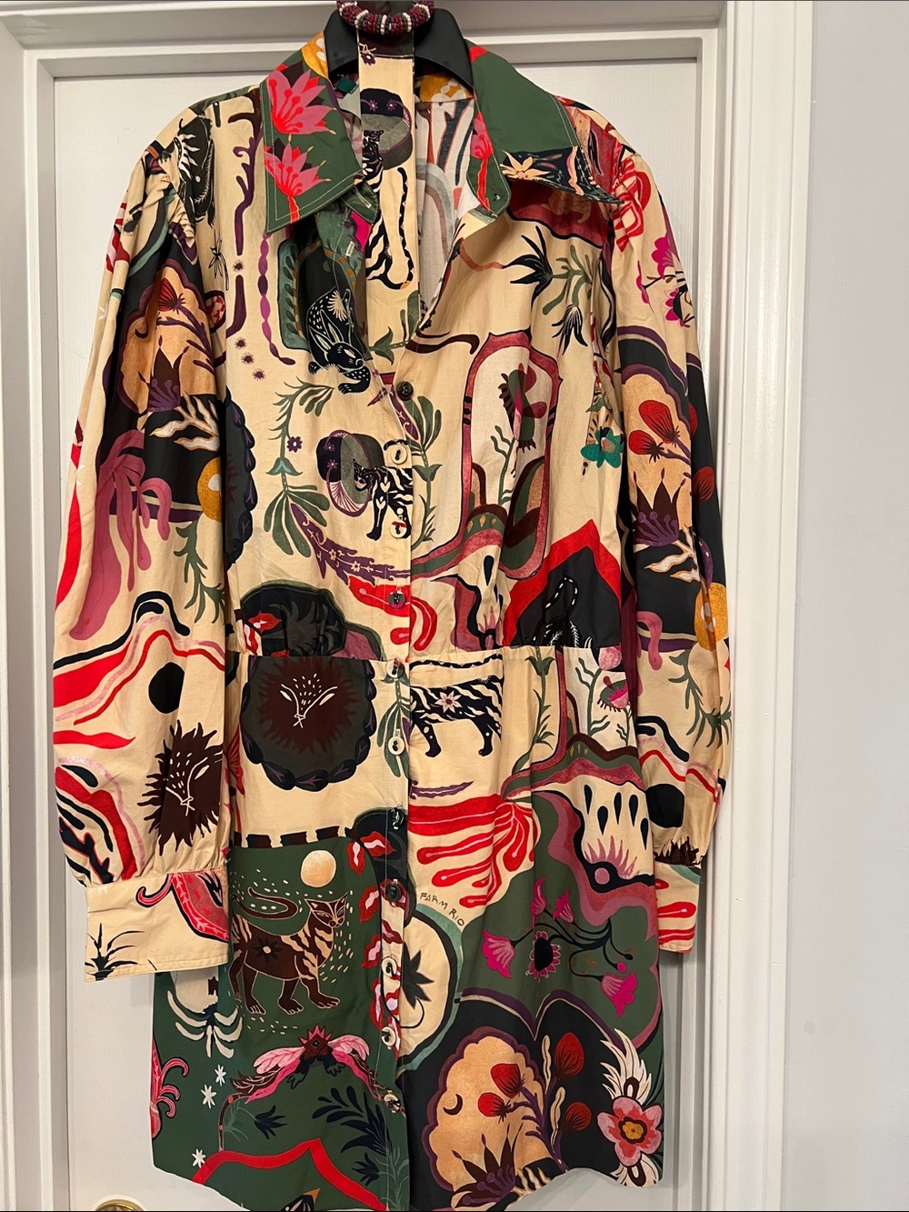 FARM Rio Multicolor Printed Trench Coat with Green Collar
